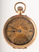 A 14K gold open-faced pocket watch the engraved gold dial having black Roman numerals,