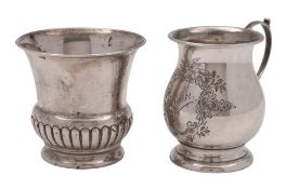 A George V silver christening mug, of baluster form, with engraved decoration and inscribed 