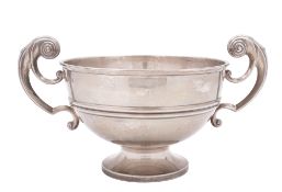 A George V two-handled silver trophy cup or rose bowl, circular form,