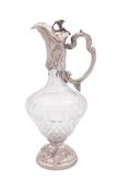 A silver plated mounted clear cut-glass claret jug, with a vase-shaped body,