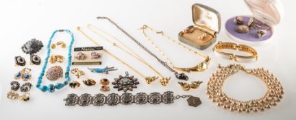 A collection of costume jewellery, including a pair of pink crystal clip on earrings by Napier,