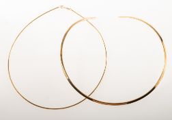 Two 9ct gold collar necklaces of varied design, including a 9ct gold torque necklace, UK hallmark,