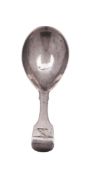 A George III silver caddy spoon, Fiddle pattern, crested, by Charles Fox, London 1813;