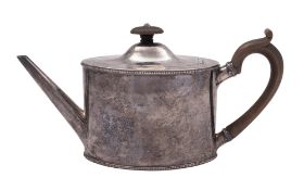 A George III silver teapot, oval form, with bead borders,