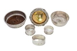 A small mixed lot of silver & silver plate, to include a wine coaster (wooden insert),