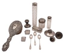 A mixed lot of various silver, to include a hair brush, four mounted jars, three teaspoons,