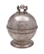 A George III silver soap box, of globular form, decorated with later flat chasing,