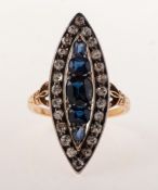 An early 20th century sapphire and diamond ring, of navette form,
