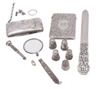 A mixed lot of various silver, to include an engraved card case, initialled, a wallet (A/F),