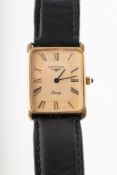 Longines a gentleman's gold-plated quartz wristwatch the gilded rectangular dial having black Roman