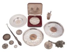 A mixed lot of various silver etcetera, to include a pair of Far-Eastern coin dishes,