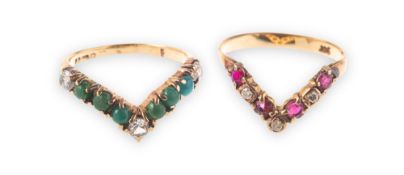 Two wishbone rings of varied design,