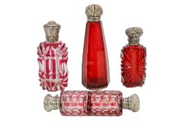 A Victorian silver mounted double-ended red & clear cut-glass scent bottle,