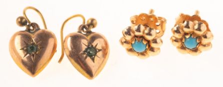 Two pairs of varied design earrings, including a pair of heart shaped drop earrings,