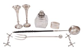 A mixed lot of various silver, to include a toddy ladle, initialled, a napkin ring,
