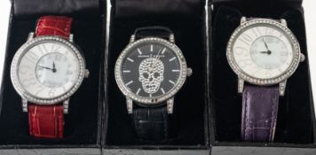 Butler and Wilson three gentleman's dress watches each with paste inset to the case and bezel,
