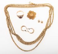 A mixed collection of jewellery, including a pair of 9ct gold faceted hoop earrings, UK hallmark,