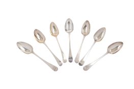 A George III matched set of five silver tablespoons, Old English pattern, by Peter & Ann Bateman,