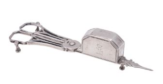 A pair of George III scissor snuffers, with sprung, reeded & pierced handles, crested,