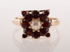 A vintage 9ct gold garnet and pearl cluster, of square form,