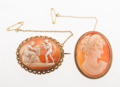 Two cameo brooches of varied design, including a 9ct gold oval cameo brooch,