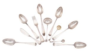 George III silver flatware; five tablespoons (+an Irish tablespoon), a table fork, a sauce ladle,