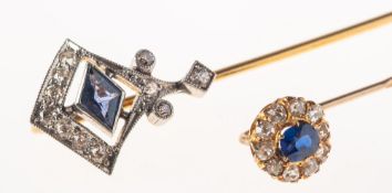Two antique sapphire and diamond stick pins of varied design,