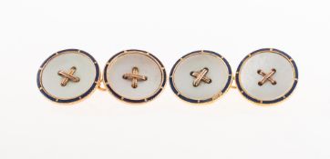A pair of mother of pearl and enamel cufflink's, in the form of buttons, chain link fittings,