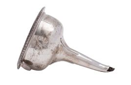 A George III silver wine funnel, with a tongue & dart border, applied straps and a disk-shaped tang,