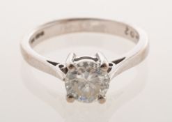 A platinum 1.02 carat diamond solitaire ring, four claw set with a brilliant-cut diamond, 1.