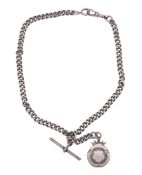 A George V silver watch chain, curb-link, with attached T-bar and a fob badge, inscribed,