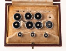 A boxed set of 9ct gold onyx and pearl cufflink's, dress studs and buttons, of Art Deco design,