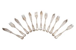 A late 19th/ early 20th century set of six pairs of German silver fish knives & forks,