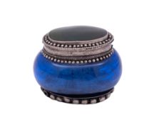 A late 19th/ early 20th century Far-Eastern silver mounted blue glass box & cover, squat oval form,