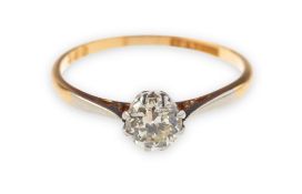 An Art Deco diamond solitaire ring, claw set with a transitional-cut diamond, diamond approx. 0.