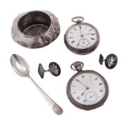 A small mixed lot of silver, to include two pocket watches, a teaspoon,