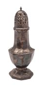A George V silver sugar caster, octagonal form, with a high-domed cover and vase-shaped finial,