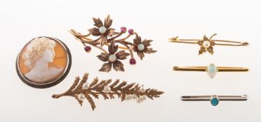 Six brooches of varied design,