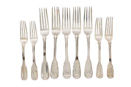 Victorian Fiddle & Thread pattern silver flatware: 5 table forks and 4 dessert forks, all crested,