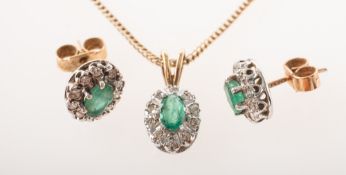 A 9ct gold emerald and diamond pendant with chain and matching earrings,