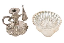 A Victorian silver chamberstick, shaped circular form, with a detachable snuffer,