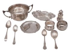A mixed lot of various silver, to include a sugar bowl, a bonbon dish, a pin dish, three teaspoons,