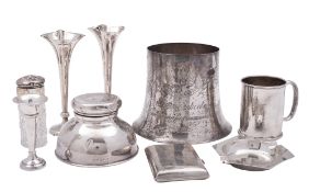 A mixed lot of various silver, to include an inkwell (loaded base), christening mug, cigarette case,