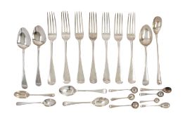 19th & 20th century Old English pattern silver flatware, to include a set of seven table forks,