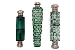 A Victorian silver mounted double-ended green & clear cut-glass scent bottle,