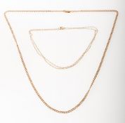 Two chains of varied design, including a curb link chain, lobster catch marked 9kt, length approx.