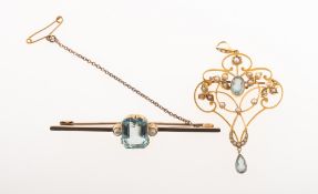 Two aquamarine and pearl brooches of varied design, including a brooch pendant of Art Nouveau style,