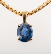 A sapphire pendant, the pendant claw set with an oval-cut sapphire, sapphire measuring approx. 8.