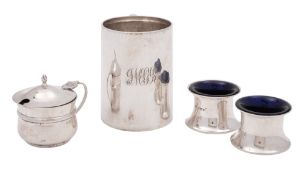 A George V silver christening mug, tapering circular form,