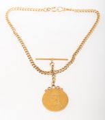 A double sovereign with 18ct gold fob chain, a scroll mounted Victoria 1887 double sovereign,